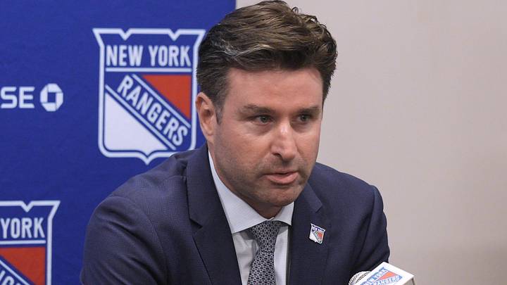 May 8, 2025; Tarrytown, NY, USA; New York Rangers president and general manager Chris Drury speaks during a press conference to introduce new head coach Mike Sullivan at the MSG Training Center in Tarrytown, New York May 8, 2025. May 8, 2025; Tarrytown, NY, USA; New York Rangers president and general manager Chris Drury speaks during a press conference to introduce new head coach Mike Sullivan at the MSG Training Center in Tarrytown, New York May 8, 2025.
