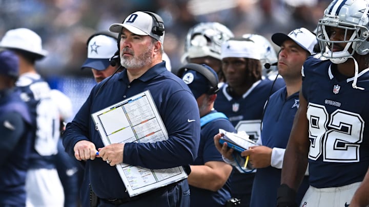 Aug 11, 2024; Inglewood, California, USA; Dallas Cowboys head coach Mike McCarthy on the sidelines against the Los Angeles Rams during the second quarter at SoFi Stadium. Mandatory Credit: Jonathan Hui-Imagn Images