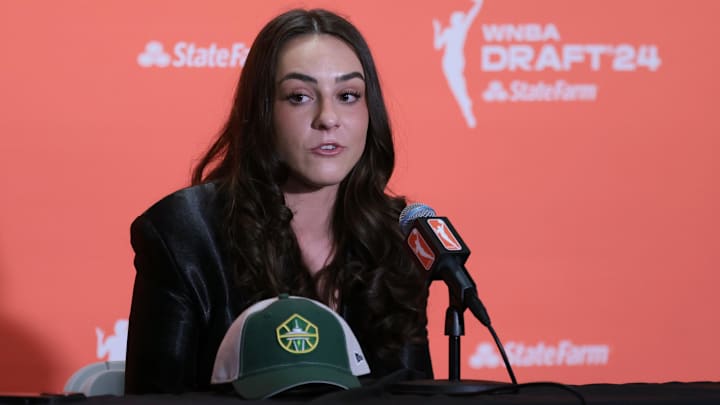 Apr 15, 2024; Brooklyn, NY, USA; Nika Muhl speaks in an interview after she is selected with the number fourteen overall pick to the Seattle Storm in the 2024 WNBA Draft at Brooklyn Academy of Music.  Mandatory Credit: Vincent Carchietta-Imagn Images