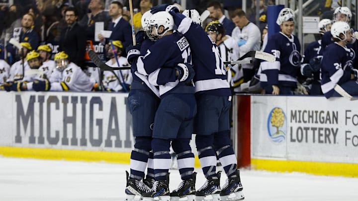 The Penn State Nittany Lions celebrate a goal against Michigan in a Big Ten Tournament game at Yost Ice Arena. The Penn State Nittany Lions celebrate a goal against Michigan in a Big Ten Tournament game at Yost Ice Arena.