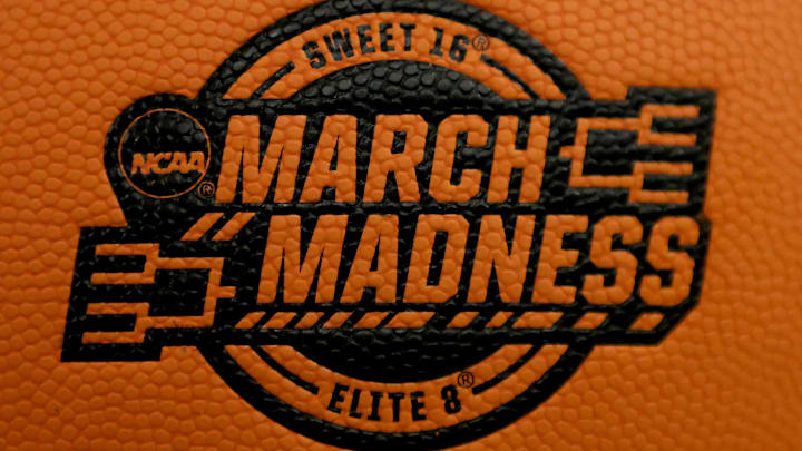 Mar 23, 2023; New York, NY, USA; Detail of the march madness sweet 16 and elite 8 logo on a