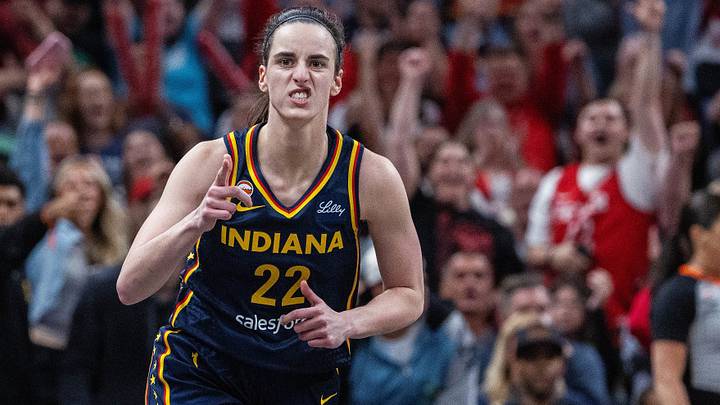 Jun 22, 2026; Indianapolis, Indiana, USA;  Indiana Fever guard Caitlin Clark (22) celebrates a made shot  in the first half against the Phoenix Mercury at Gainbridge Fieldhouse. Mandatory Credit: Trevor Ruszkowski-Imagn Images