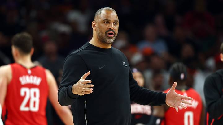 Apr 7, 2026; Phoenix, Arizona, USA; Houston Rockets head coach Ime Udoka against the Phoenix Suns at Mortgage Matchup Center. Mandatory Credit: Mark J. Rebilas-Imagn Images Apr 7, 2026; Phoenix, Arizona, USA; Houston Rockets head coach Ime Udoka against the Phoenix Suns at Mortgage Matchup Center. Mandatory Credit: Mark J. Rebilas-Imagn Images