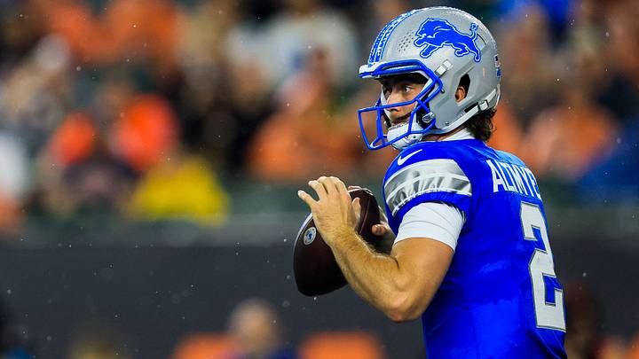 Detroit Lions quarterback Luke Altmyer (2) throws a pass Detroit Lions quarterback Luke Altmyer (2) throws a pass