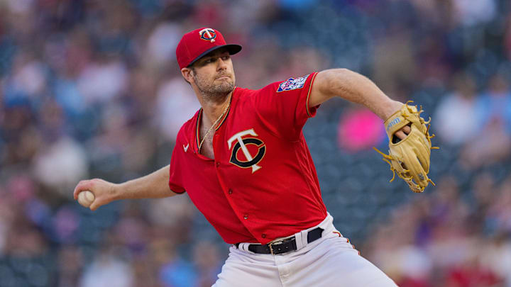 Aug 31, 2021; Minneapolis, Minnesota, USA; Minnesota Twins starting pitcher John Gant (33) throws against the Chicago Cubs in the first inning at Target Field. Mandatory Credit: Brad Rempel-Imagn Images