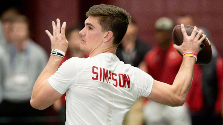 March 25, 2026; Tuscaloosa, AL, USA; Quarterback Ty Simpson throws during Pro Day in the Hank Crisp Indoor Practice Facility at the University of Alabama. March 25, 2026; Tuscaloosa, AL, USA; Quarterback Ty Simpson throws during Pro Day in the Hank Crisp Indoor Practice Facility at the University of Alabama.