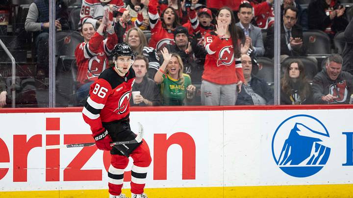 New Jersey Devils center Jack Hughes (86) after his goal during the third period against the Pittsburgh Penguins at Prudential Center. Mandatory Credit: Luther Schlaifer-Imagn Images New Jersey Devils center Jack Hughes (86) after his goal during the third period against the Pittsburgh Penguins at Prudential Center. Mandatory Credit: Luther Schlaifer-Imagn Images