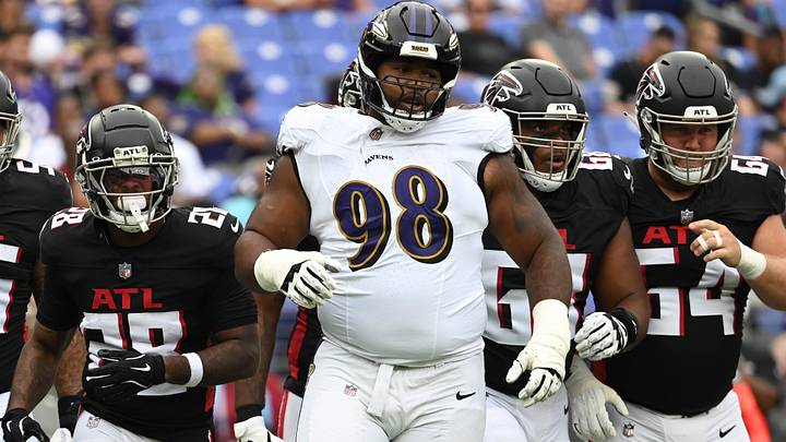 Aug 17, 2024; Baltimore, Maryland, USA; Baltimore Ravens defensive tackle Travis Jones (98) reacts during the first half against the Atlanta Falcons at M&T Bank Stadium. Mandatory Credit: Tommy Gilligan-USA TODAY Sports Aug 17, 2024; Baltimore, Maryland, USA; Baltimore Ravens defensive tackle Travis Jones (98) reacts during the first half against the Atlanta Falcons at M&T Bank Stadium. Mandatory Credit: Tommy Gilligan-USA TODAY Sports