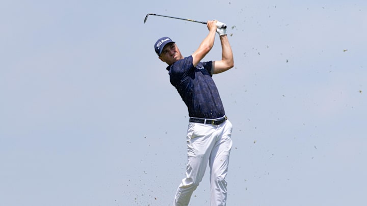 Jun 20, 2025; Cromwell, Connecticut, USA; Justin Thomas plays a shot on the 14th hole during the second round of the Travelers Championship golf tournament. Jun 20, 2025; Cromwell, Connecticut, USA; Justin Thomas plays a shot on the 14th hole during the second round of the Travelers Championship golf tournament.