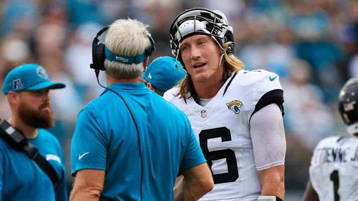 Jacksonville Jaguars quarterback Trevor Lawrence (16) talks with head coach Doug Pederson during the fourth quarter of an NFL football matchup Sunday, Sept. 15, 2024 at EverBank Stadium in Jacksonville, Fla. The Browns defeated the Jaguars 18-13. [Corey Perrine/Florida Times-Union]