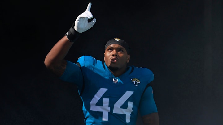 Jacksonville Jaguars defensive end Travon Walker (44) is introduced before an NFL football matchup Sunday, Oct. 27, 2024 at EverBank Stadium in Jacksonville, Fla. The Packers edged the Jaguars 30-27 on a last-second field goal. [Corey Perrine/Florida Times-Union]