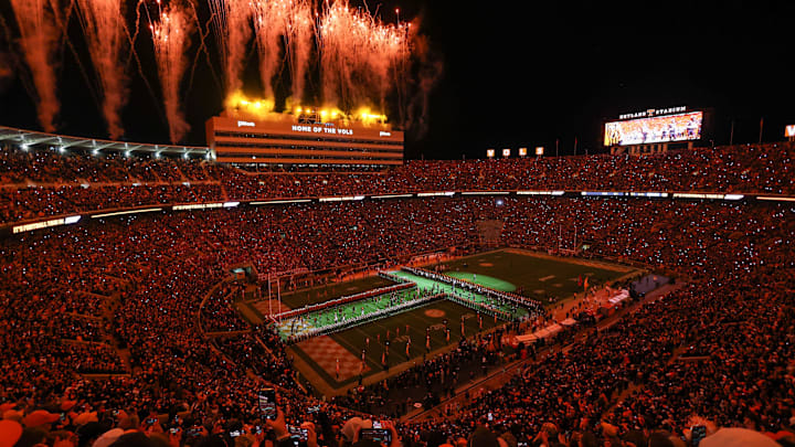 Nov 1, 2025; Knoxville, Tennessee, USA; The Tennessee Volunteers run through the T before the game against the Oklahoma Sooners at Neyland Stadium. Mandatory Credit: Randy Sartin-Imagn Images Nov 1, 2025; Knoxville, Tennessee, USA; The Tennessee Volunteers run through the T before the game against the Oklahoma Sooners at Neyland Stadium. Mandatory Credit: Randy Sartin-Imagn Images