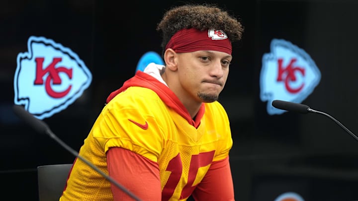 Nov 3, 2023; Frankfurt, Germany; Kansas City Chiefs quarterback Patrick Mahomes (15) at a press conference at DFB Campus. Mandatory Credit: Kirby Lee-USA TODAY Sports
