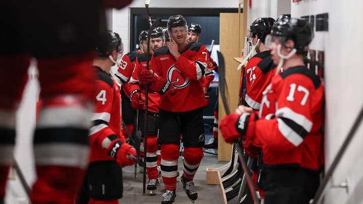 New Jersey Devils defenseman Dougie Hamilton (7) leads the team from the locker room before the start of their game against the Nashville Predators at Prudential Center. Mandatory Credit: Ed Mulholland-Imagn Images
