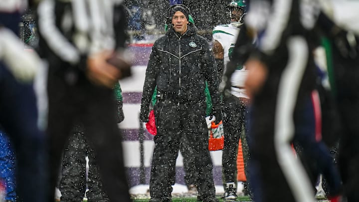 Jan 7, 2024; Foxborough, Massachusetts, USA; New York Jets head coach Robert Saleh watches from the