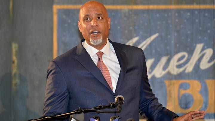 Jun 21, 2017; Kansas City, MO, USA; Major League Baseball Player Association executive director Tony Clark speaks during a presentation at the Negro Leagues Baseball Museum. Mandatory Credit: Denny Medley-Imagn Images