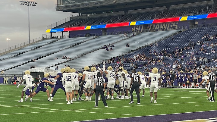 Grady Gross kickks a late field goal in the UW mock game. Grady Gross kickks a late field goal in the UW mock game.