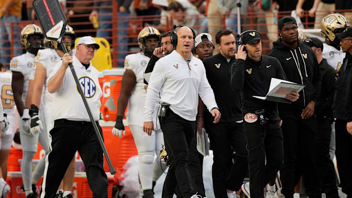 Nov 1, 2025; Austin, Texas, USA;  Vanderbilt Commodores head coach Clark Lea watches game play during the second half against the Texas Longhorns at Darrell K Royal-Texas Memorial Stadium. Mandatory Credit: Scott Wachter-Imagn Images