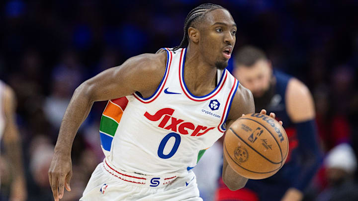 Jan 8, 2025; Philadelphia, Pennsylvania, USA; Philadelphia 76ers guard Tyrese Maxey (0) dribbles the ball against the Washington Wizards during the third quarter at Wells Fargo Center. Mandatory Credit: Bill Streicher-Imagn Images Jan 8, 2025; Philadelphia, Pennsylvania, USA; Philadelphia 76ers guard Tyrese Maxey (0) dribbles the ball against the Washington Wizards during the third quarter at Wells Fargo Center. Mandatory Credit: Bill Streicher-Imagn Images