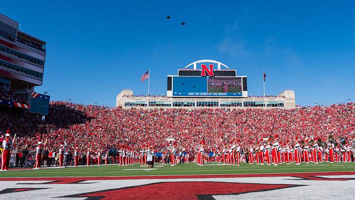 Two F-16's fly over Memorial Stadium before the Huskers played Maryland. The crowd could be a factor against Indiana on Saturday. Two F-16's fly over Memorial Stadium before the Huskers played Maryland. The crowd could be a factor against Indiana on Saturday.