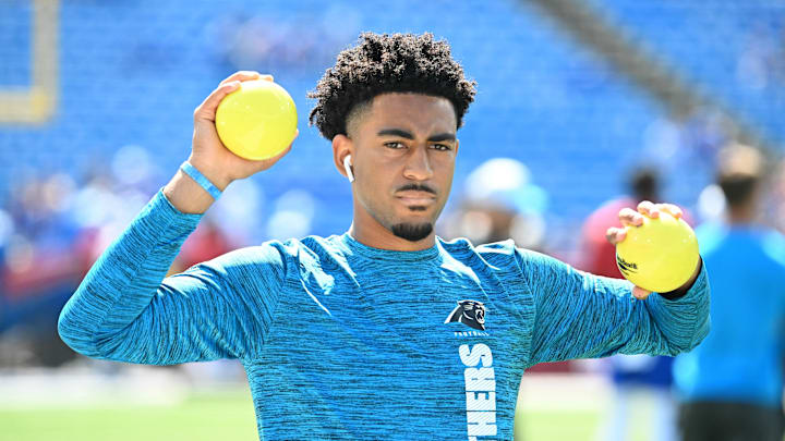 Aug 24, 2024; Orchard Park, New York, USA; Carolina Panthers quarterback Bryce Young warms up before a pre-season game against the Buffalo Bills at Highmark Stadium.