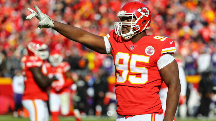 Dec 9, 2018; Kansas City, MO, USA; Kansas City Chiefs defensive end Chris Jones (95) celebrates after a play against the Baltimore Ravens at Arrowhead Stadium. Mandatory Credit: Jay Biggerstaff-USA TODAY Sports Dec 9, 2018; Kansas City, MO, USA; Kansas City Chiefs defensive end Chris Jones (95) celebrates after a play against the Baltimore Ravens at Arrowhead Stadium. Mandatory Credit: Jay Biggerstaff-USA TODAY Sports