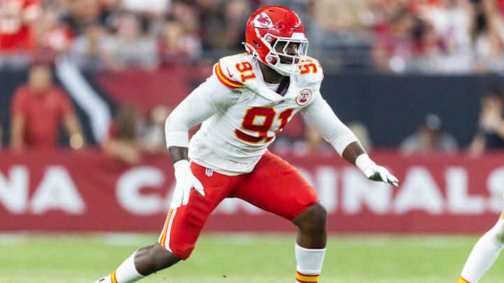 Aug 9, 2025; Glendale, Arizona, USA; Kansas City Chiefs defensive end Felix Anudike-Uzomah (91) against the Arizona Cardinals during a preseason NFL game at State Farm Stadium. Mandatory Credit: Mark J. Rebilas-Imagn Images