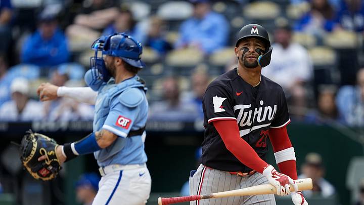 Apr 2, 2026; Kansas City, Missouri, USA; Minnesota Twins third baseman Royce Lewis (23) reacts after striking out during the ninth inning against the Kansas City Royals at Kauffman Stadium.