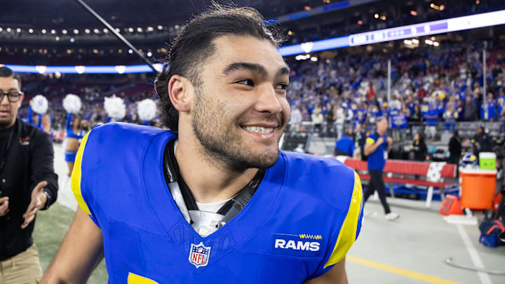 Los Angeles Rams wide receiver Puka Nacua celebrates after defeating the Minnesota Vikings.