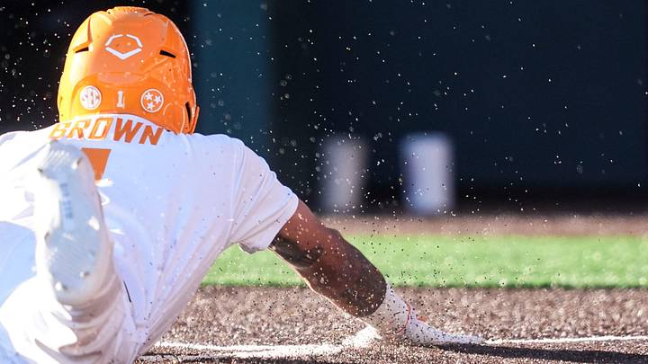 Tennessee’s Blaine Brown (1) slides home plate to score Tennessee’s first run during the NCAA college baseball game against Nicholls on Feb 13, 2026, in Knoxville, Tennessee. Tennessee’s Blaine Brown (1) slides home plate to score Tennessee’s first run during the NCAA college baseball game against Nicholls on Feb 13, 2026, in Knoxville, Tennessee.