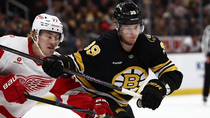 Nov 29, 2025; Boston, Massachusetts, USA; Detroit Red Wings defenseman Simon Edvinsson (77) tries to hold up Boston Bruins center Morgan Geekie (39) during the third period at TD Garden. Mandatory Credit: Winslow Townson-Imagn Images