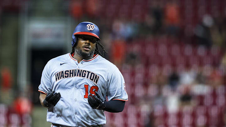 May 2, 2025; Cincinnati, Ohio, USA; Washington Nationals designated hitter Josh Bell (19) runs the bases after hitting a solo home run in the fifth inning against the Cincinnati Reds at Great American Ball Park. Mandatory Credit: Katie Stratman-Imagn Images