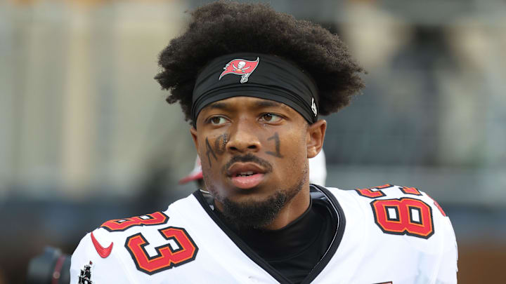 Aug 16, 2025; Pittsburgh, Pennsylvania, USA; Tampa Bay Buccaneers wide receiver Tez Johnson (83) warms up before the game against the Pittsburgh Steelers at Acrisure Stadium. Mandatory Credit: Charles LeClaire-Imagn Images Aug 16, 2025; Pittsburgh, Pennsylvania, USA; Tampa Bay Buccaneers wide receiver Tez Johnson (83) warms up before the game against the Pittsburgh Steelers at Acrisure Stadium. Mandatory Credit: Charles LeClaire-Imagn Images