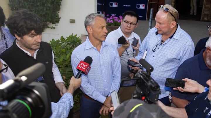 Nov 8, 2023; Scottsdale, AZ, USA; Chicago Cubs president of baseball operations Jed Hoyer speaks to the media during the MLB General Manager's Meetings at Omni Scottsdale Resort & Spa.