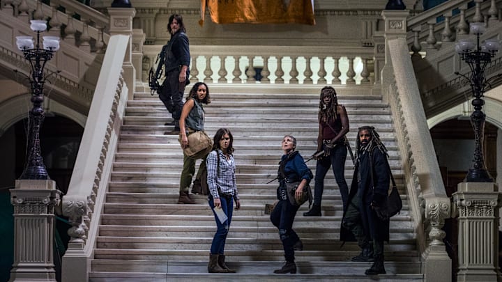 Norman Reedus as Daryl Dixon, Lauren Cohan as Maggie Rhee, Melissa McBride as Carol Peletier, Danai Gurira as Michonne, Khary Payton as Ezekiel, Sydney Park as Cyndie - The Walking Dead _ Season 9, Episode 1 - Photo Credit: Jackson Lee Davis/AMC