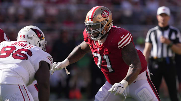 Oct 6, 2024; Santa Clara, California, USA; San Francisco 49ers offensive tackle Trent Williams (71) blocks Arizona Cardinals defensive tackle Naquan Jones (96) during the fourth quarter at Levi's Stadium. Mandatory Credit: Darren Yamashita-Imagn Images Oct 6, 2024; Santa Clara, California, USA; San Francisco 49ers offensive tackle Trent Williams (71) blocks Arizona Cardinals defensive tackle Naquan Jones (96) during the fourth quarter at Levi's Stadium. Mandatory Credit: Darren Yamashita-Imagn Images