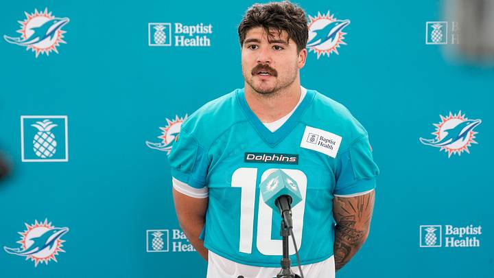 Miami Dolphins linebacker Jacob Rodriguez (10) talks to reporters at training camp at Baptist Health Training Complex, Sunday, August 2, 2026 in Miami Gardens, FL. Miami Dolphins linebacker Jacob Rodriguez (10) talks to reporters at training camp at Baptist Health Training Complex, Sunday, August 2, 2026 in Miami Gardens, FL.