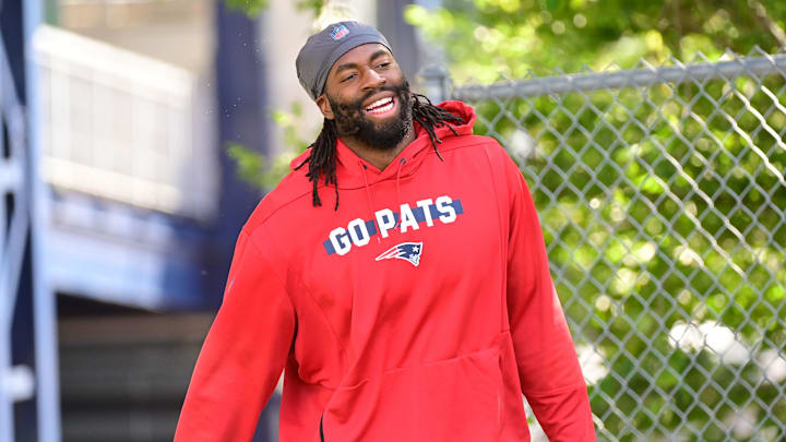 Aug 2, 2023; Foxborough, MA, USA; New England Patriots linebacker Matthew Judon (9) heads to the practice fields at Gillette Stadium. Mandatory Credit: Eric Canha-USA TODAY Sports