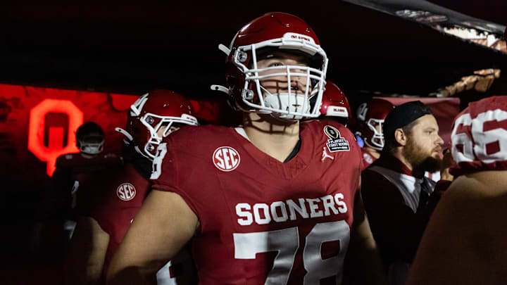 Dec 19, 2025; Norman, OK, USA; Oklahoma Sooners offensive lineman Luke Baklenko (78) against the Alabama Crimson Tide during the CFP National Playoff First Round at Gaylord Family Oklahoma Memorial Stadium. Mandatory Credit: Mark J. Rebilas-Imagn Images