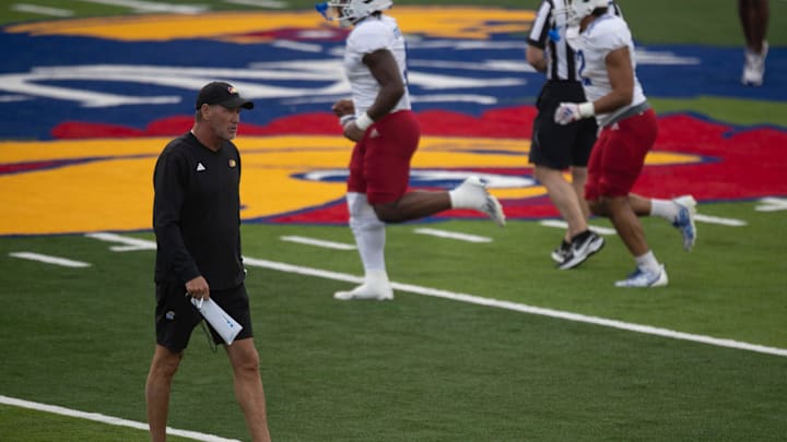 Kansas head coach Lance Leipold walks down the 40-yard line as his players hold their first practice inside David Booth Kansas Memorial Stadium on Aug. 1, 2025. Kansas head coach Lance Leipold walks down the 40-yard line as his players hold their first practice inside David Booth Kansas Memorial Stadium on Aug. 1, 2025.