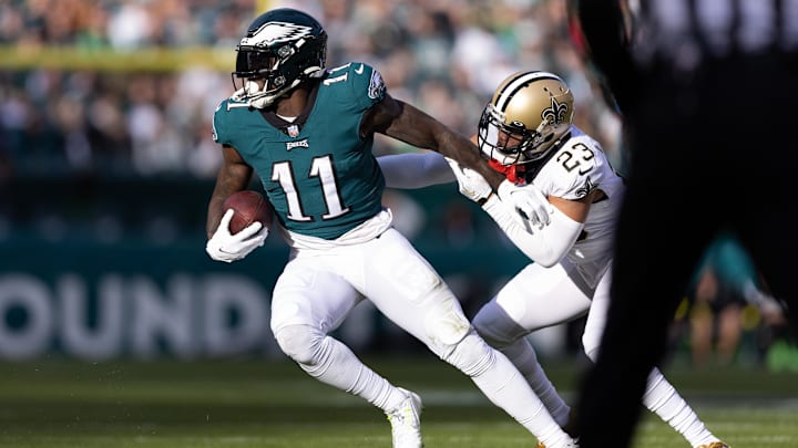 Philadelphia Eagles wide receiver A.J. Brown (11) makes a catch past New Orleans Saints cornerback Marshon Lattimore (23) Philadelphia Eagles wide receiver A.J. Brown (11) makes a catch past New Orleans Saints cornerback Marshon Lattimore (23)