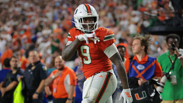 Sep 20, 2025; Miami Gardens, Florida, USA; Miami Hurricanes tight end Elija Lofton (9) reacts after carrying the football against the Florida Gators during the second quarter at Hard Rock Stadium. Mandatory Credit: Sam Navarro-Imagn Images Sep 20, 2025; Miami Gardens, Florida, USA; Miami Hurricanes tight end Elija Lofton (9) reacts after carrying the football against the Florida Gators during the second quarter at Hard Rock Stadium. Mandatory Credit: Sam Navarro-Imagn Images