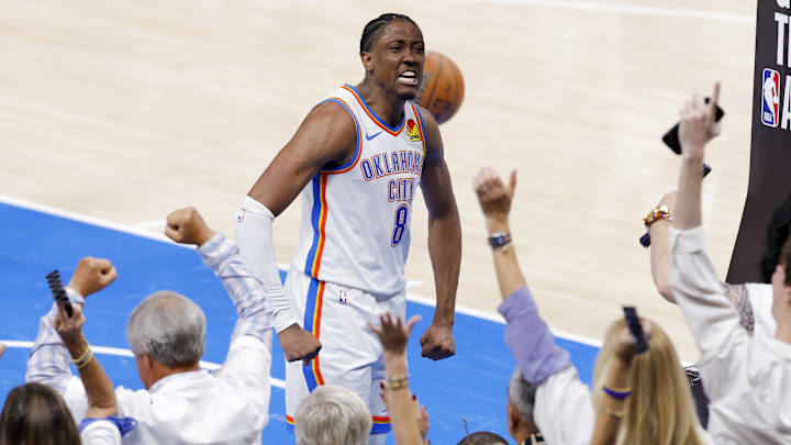 Jun 5, 2025; Oklahoma City, Oklahoma, USA; Oklahoma City Thunder forward Jalen Williams (8) celebrates after dunking the ball against the Indiana Pacers during the fourth quarter during game one of the 2025 NBA Finals at Paycom Center. Mandatory Credit: Alonzo Adams-Imagn Images
