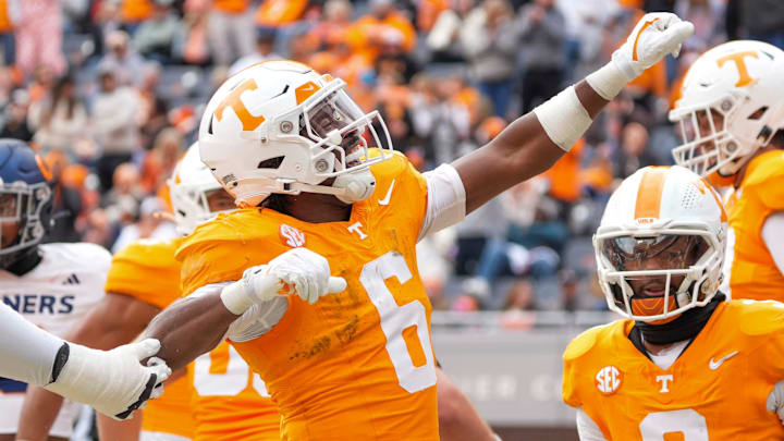 Tennessee running back Dylan Sampson (6) celebrates after scoring a touchdown during a NCAA football game between Tennessee and UTEP in Neyland Stadium on Saturday, November 23, 2024.
