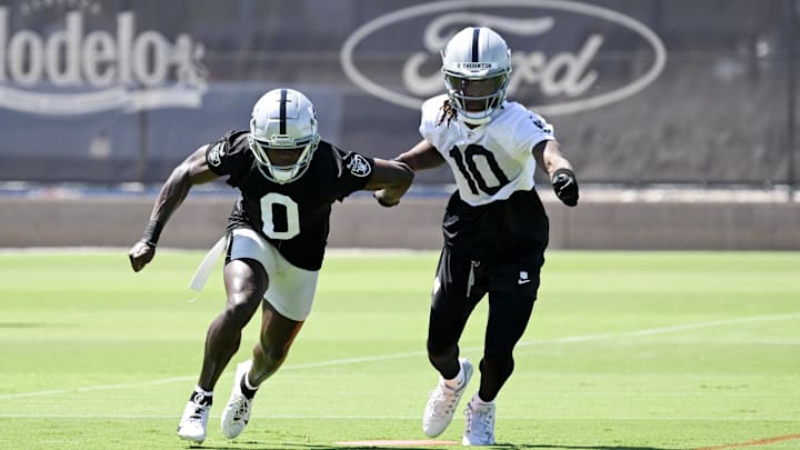 Jun 11, 2025; Henderson, NV, USA; Las Vegas Raiders cornerback Jakorian Bennett (0) and wide receiver Dont'e Thornton Jr. (10) run through a drill during Las Vegas Raiders Minicamp at Intermountain Health Performance Center. Mandatory Credit: Candice Ward-Imagn Images
