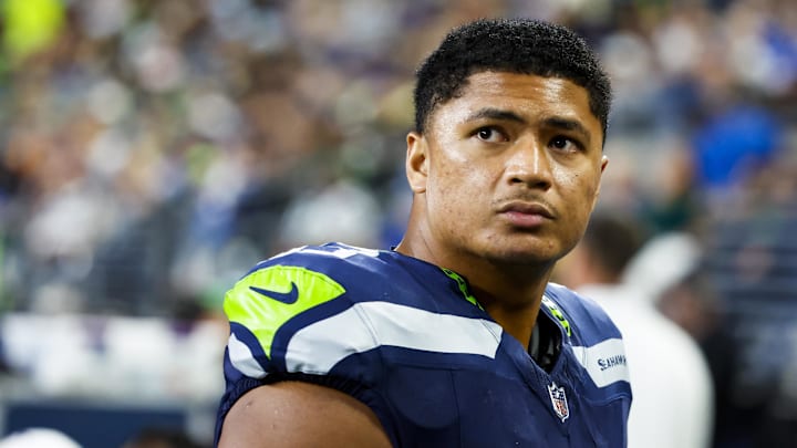 Aug 24, 2024; Seattle, Washington, USA; Seattle Seahawks offensive tackle Sataoa Laumea (63) stands on the sideline during the first quarter against the Cleveland Browns at Lumen Field.