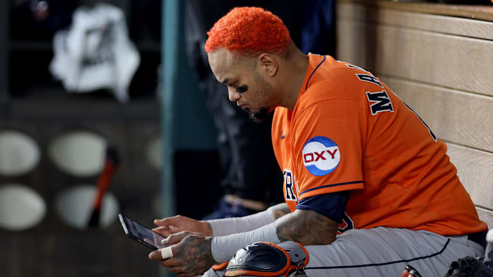 Oct 20, 2023; Arlington, Texas, USA; Houston Astros catcher Martin Maldonado (15) in the dugout during the sixth inning of game five in the ALCS against the Texas Rangers for the 2023 MLB playoffs at Globe Life Field.