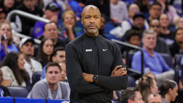 Orlando Magic head coach Jamahl Mosley looks on during the second quarter against the Atlanta Hawks at Kia Center.