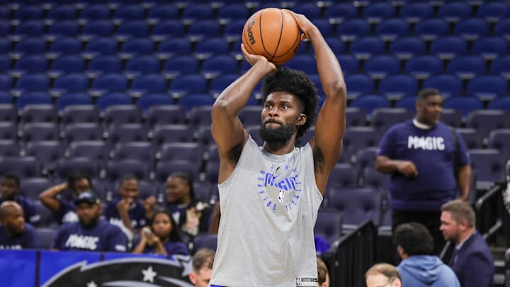 Orlando Magic forward Jonathan Isaac (1) warms up before the game against the Atlanta Hawks at Kia Center. Orlando Magic forward Jonathan Isaac (1) warms up before the game against the Atlanta Hawks at Kia Center.
