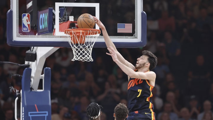 Apr 14, 2024; Oklahoma City, Oklahoma, USA; Oklahoma City Thunder forward Chet Holmgren (7) dunks